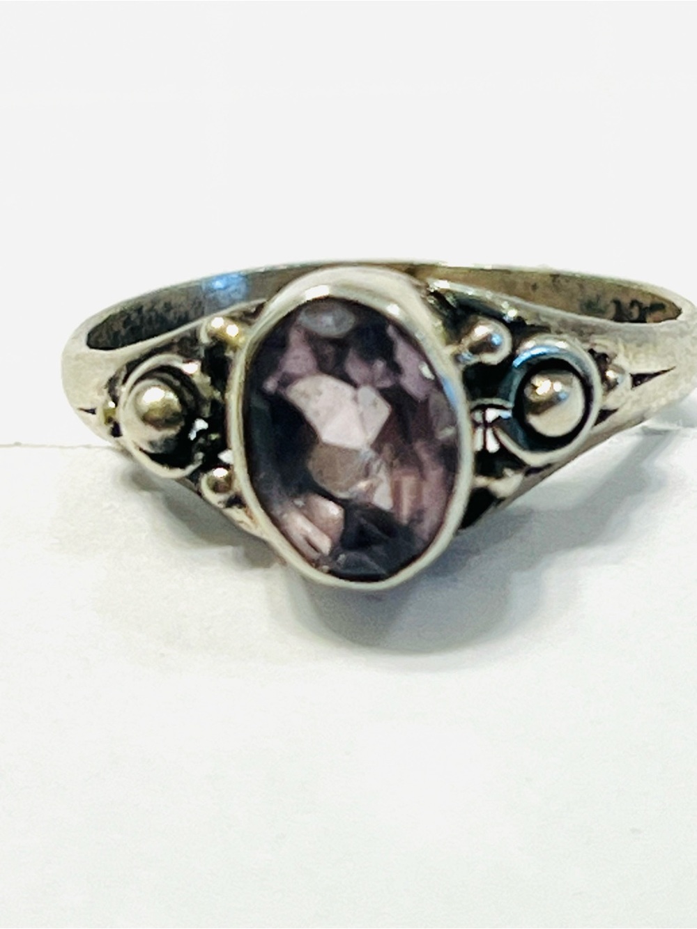 Sterling Silver Oval Amethyst-Color Filigree Ring. Size 6.75.